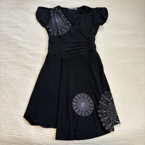 Desigual Day Dress Womens Sz Medium Black Faux Wrap Asymmetical mandala Print